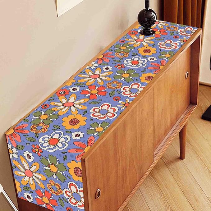 70s Floral Table Runner, Retro Groovy Hippie Lovely Floral Funky Daisy Trippy Coffee Table Center Decor for Home Kitchen Dining Patio Holiday Party Indoor Outdoor Table Decorations, 13"x90" Inch
