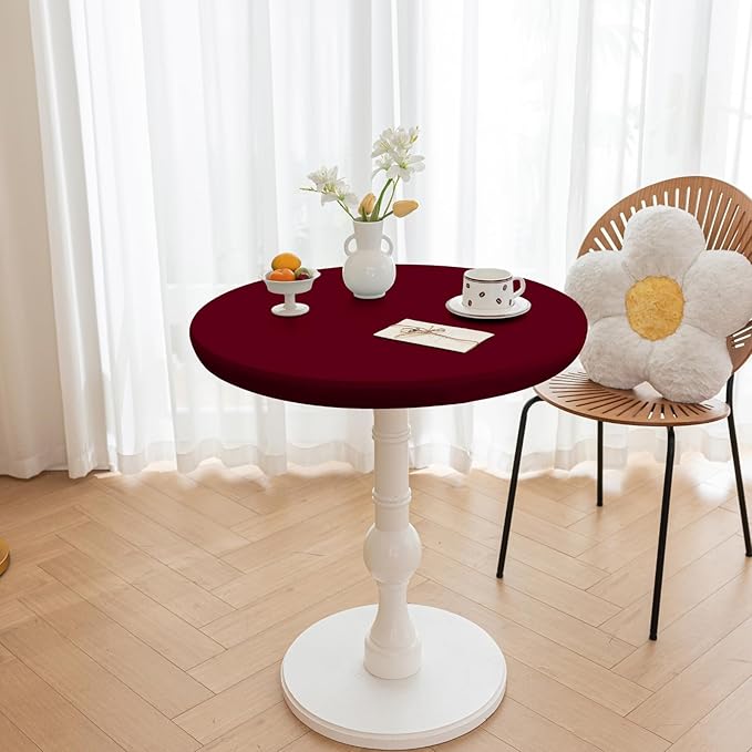 Round Fitted PU Tablecloth with High Elastic Edge 43 Inch Dia Waterproof Oil Proof Table Cloth Anti-Scald Stain-Resistant Wipeable Table Cover for Indoor Outdoor Picnic (Red,43" Dia)