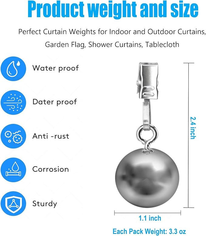 16 Pack Outdoor Curtain Weights, Heavy Duty Drapery Weights for Patio Pergola Cabana Gazebo, Stainless Steel Clips Down Curtain, Garden Flag, Shower Curtains, Tablecloth, Useful Curtain Weight Ball