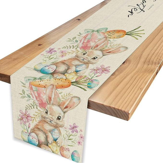 Easter Bunny Table Runner,Rustic Watercolor Bunnies Easter Eggs Carrots Floral Seasonal Table Center Decor for Family Kitchen Living Room Outdoor Farmhouse Party Table Decorations, 13"x90"