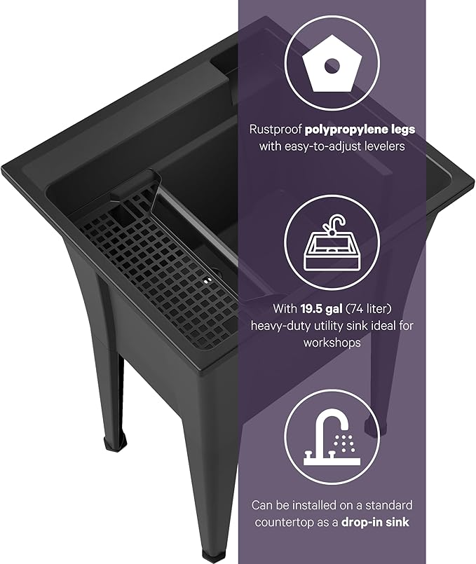 Freestanding Utility Sink with One Handle Black Faucet - 24" Plastic Utility Sink for Garage, Laundry, Indoor and Oudoor Use - Laundry Tub Kit by Noah William Home - Black (19.5 gal)