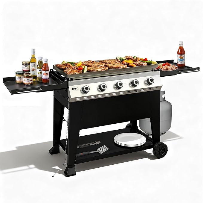36 Inch 50,000BTU,Outdoor Flat Top Gas Propane Grills with 5 Burners,Stainless Steel & Powder Coated Steel Portable Gas Griddle with Side Shelves for BBQ,Camping,Backyard