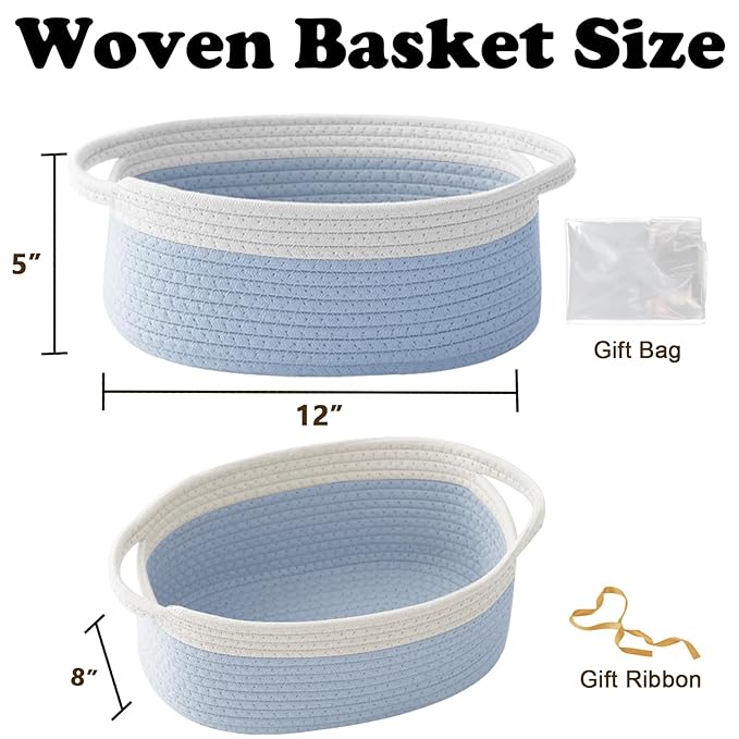 Gift Basket with Gift Bag and Ribbons,Small Rope Woven Shelf Storage,Baskets for Gifts Empty,Birthday,Baby Shower,Decorative Organizer Box with Handles(White&Blue)