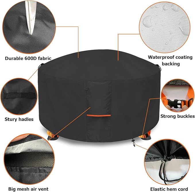 Fire Pit Cover,Outdoor Heavy Duty 600D 100% Waterproof Fire Pit Cover Round,Weatherproof Firepit Covers Round 60" Dia x 24" H,Black