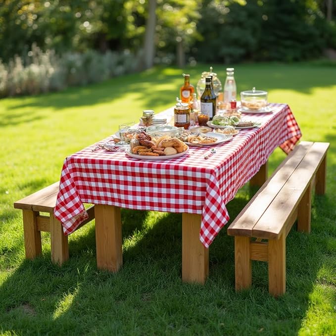 Nasitos 2 Pack Vinyl Picnic Table Cover 60x84 Inch-Flannel Backed Rectangle Waterproof Tablecloth Checkered, Wipeable Plastic Table Cover Red and White for Dinner Party, Picnic, Outdoor