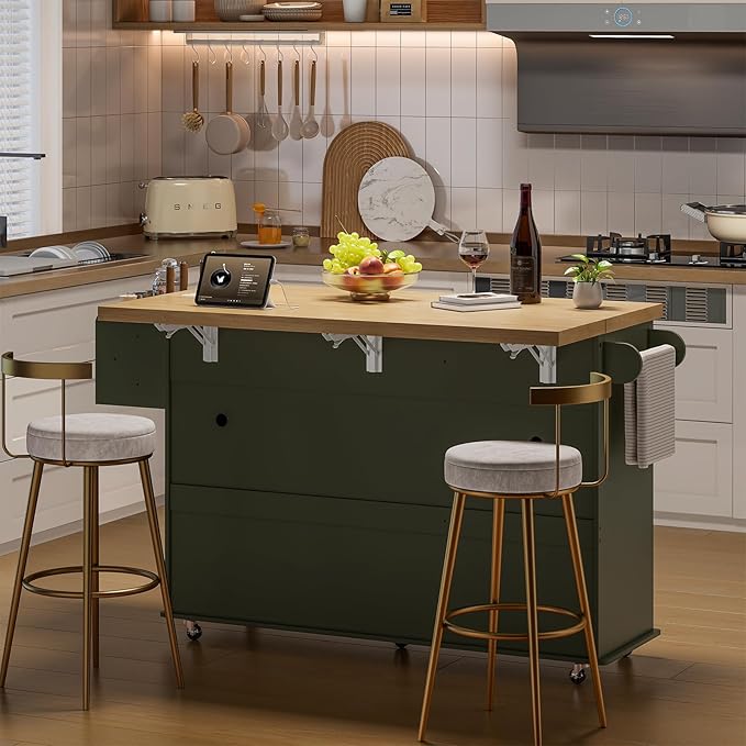 60" Kitchen Island with Power Outlet & Drop Leaf, Kitchen Rolling Island with Spice Rack & Towel Rack, Knife Holder, Kitchen Island Cart with Trash Storage Cabinet, Mobile Island Table for Kitchen