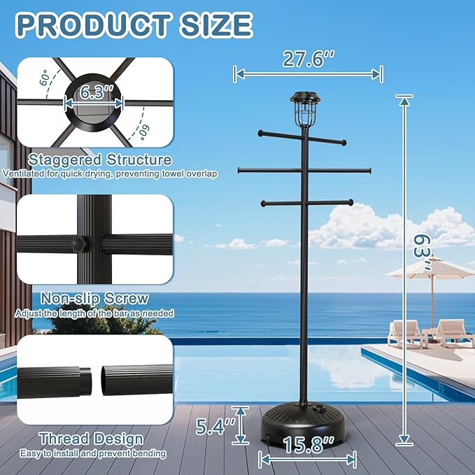 Solar Light Pool Towel Rack with Wheels – 63" Tall Adjustable Outdoor Towel Rack for Patio, Bathroom, Hot Tub