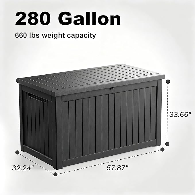 280 Gallon Waterproof Outdoor Storage Box, UV Resistant Resin Deck Box with Hydraulic Rod for Reinforced Stability, Perfect for Patio, Garden, and Pool, Striped Black