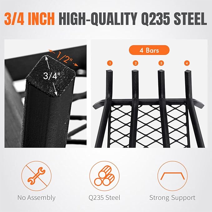 Fireplace Grates with Ember Retainer - 14 Inch Fireplace Log Grate, Wood Stove Grate, Firewood Wood Log Holder Rack,Inside Wrought Cast Iron Fire Grate for Hearth Indoor Outdoor Camping