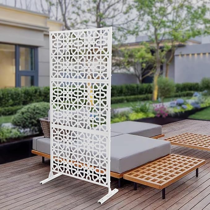 Outdoor Metal Privacy Screen with Stand, 35.4" W x 75" H Freestanding Metal Slatted Decorative Privacy Screen and Panels for Patio Garden Balcony Porch (White Polygonal)
