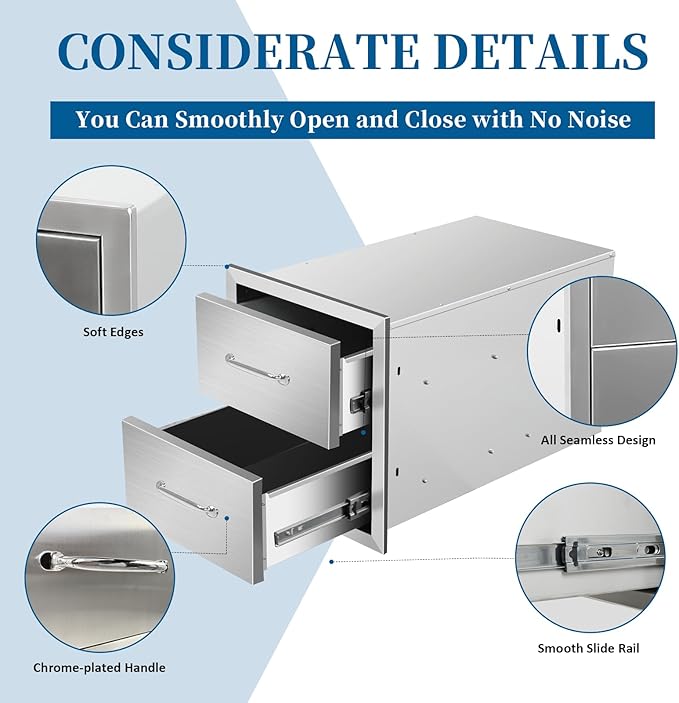Outdoor Kitchen Drawers 14"Wx15"Hx23"D Flush Mount Access 2-Drawer BBQ Stainless Steel Drawers with Handle for Outdoor Kitchen Island or Grill Station
