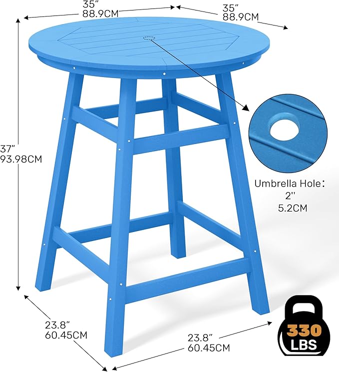 Costaelm Patio Bistro Table, 37" Counter Height Round Patio Cocktail Bar Table with Umbrella Hole, Outdoor Bistro Dining Pub Table for Front Porch Deck Backyard Garden, Pacific Blue