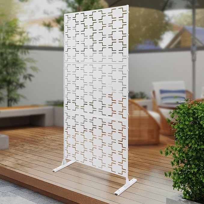 Outdoor Metal Privacy Screen with Stand, 35.4" W x 75" H Freestanding Metal Slatted Decorative Privacy Screen and Panels for Patio Garden Balcony Porch (White Rectangular)
