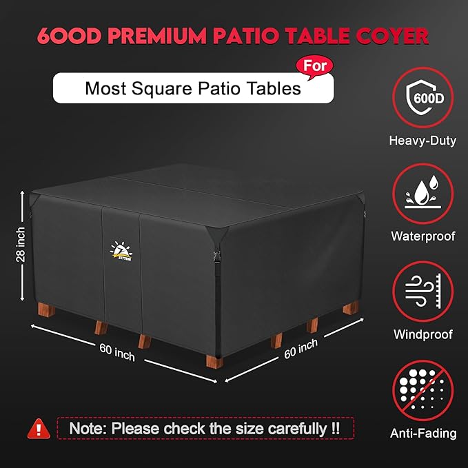 Zettum Patio Furniture Cover Square - 62 Inch Outdoor Table Cover Waterproof & Heavy Duty, 600D Lawn Furniture Set Covers for Outside Dining Table and Chairs Seating Combo - 62 x 62 x 28 Inch