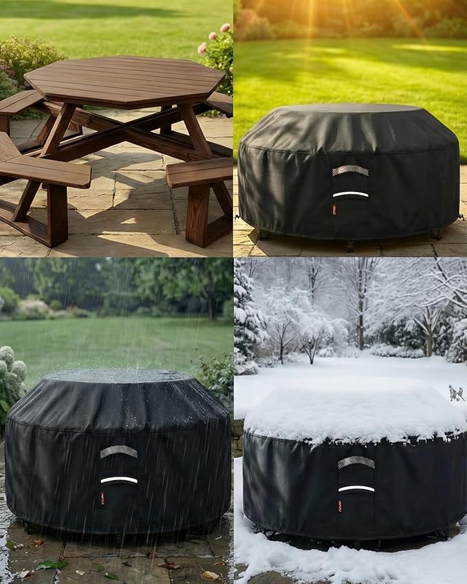 Deosk 94 Inch Outdoor Picnic Table Cover Waterproof Patio Table Covers for 6/8 Seat Octagon Picnic Table & Chair (Black)