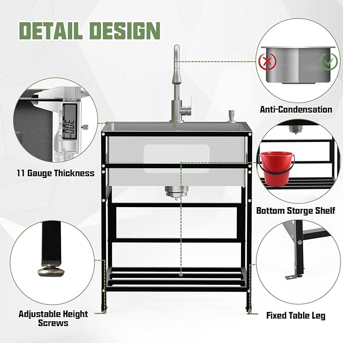 25x22 Inch Stainless Steel Utility Sink-Freestanding Laundry Sink Practicality With Accessories Stainless Functional Faucet,Soap Dispenser, SS Sink Grid For Laundry,Garage,Outdoor Kitchen,Garden...