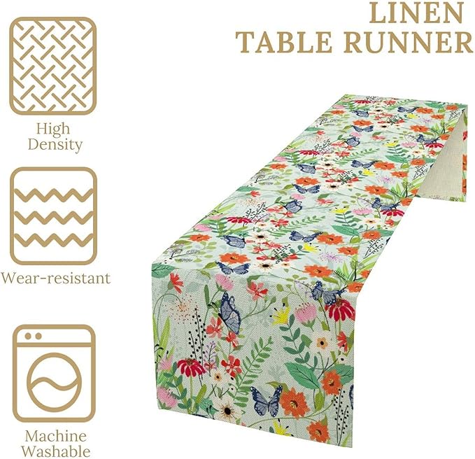 Butterfly Table Runner, Colorful Wildflower Butterfly Spring Table Runner for Holiday Kitchen Dining Home Party Outdoor 13x36in