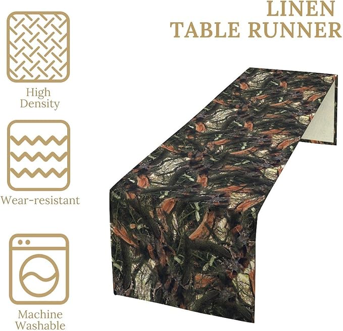 Camouflage Forest Trees Table Runner, Rustic Camouflage Hunting Camp Mossy and Oak Table Runner for Kitchen Dining Banquet Party 13x108in