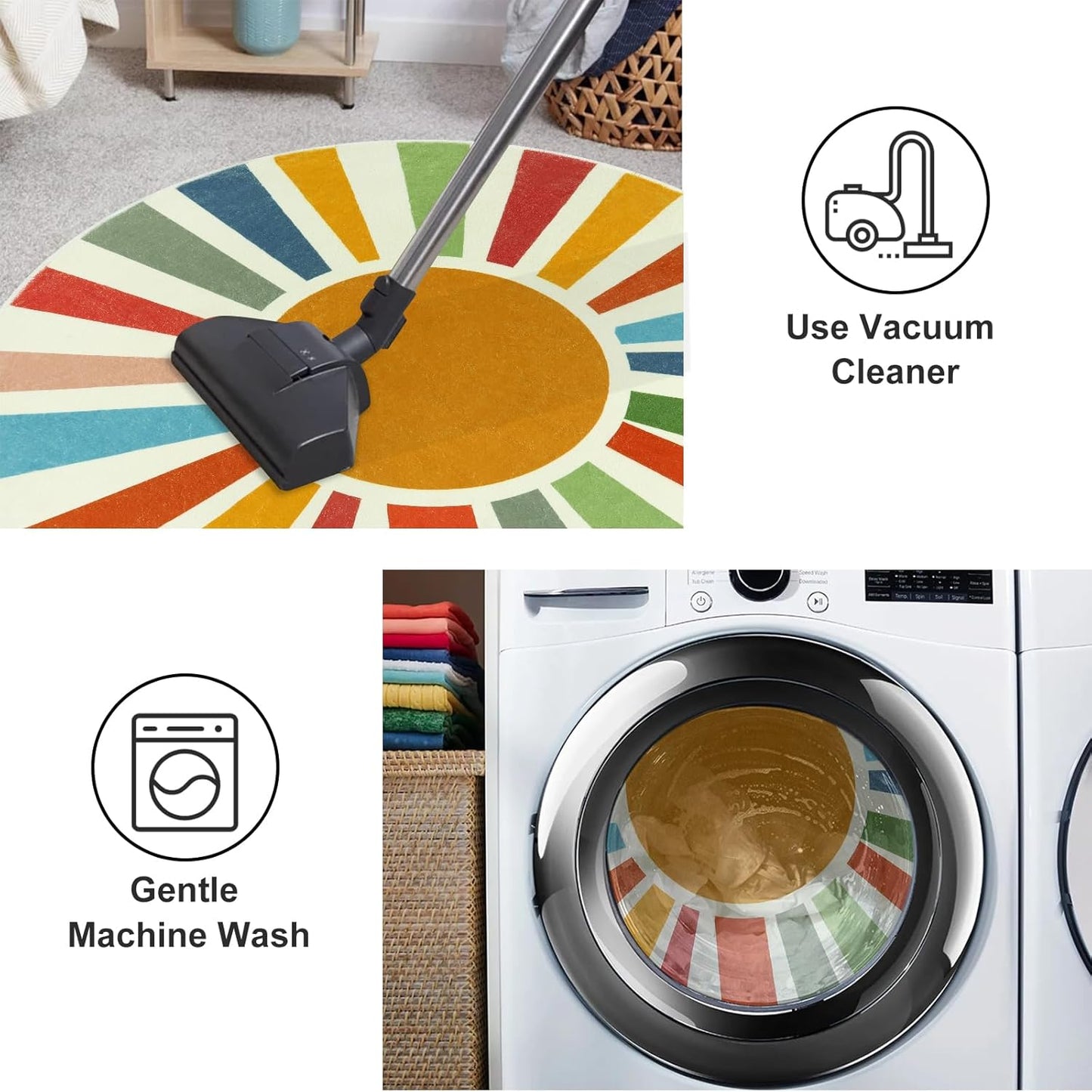 STARUIA Small Round Rug 4 Ft Washable Round Rug for Kids Room, Colorful Sun Circle Rug for Playroom, Non-Slip Circular Office Carpet Soft Rainbow Rug for Bedroom Reading Corner Dorm