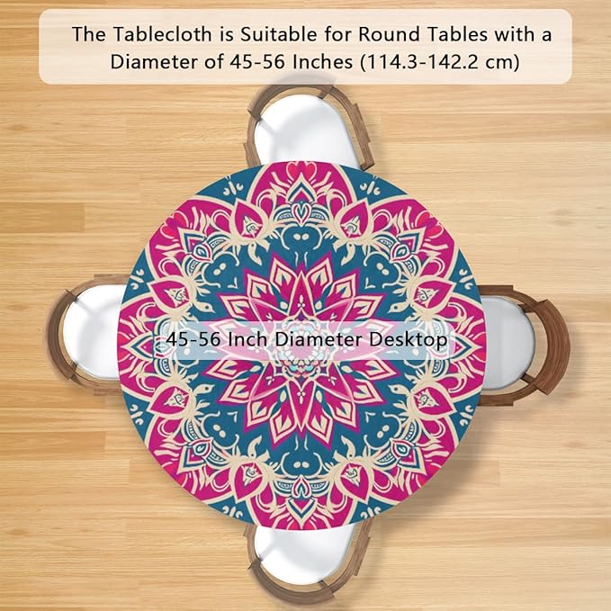 Beautiful Flower Mandala Round Table Cloth Cover, Elastic Edge Waterproof Wipeable Tablecloths 45"-56" Polyester Tablecloth for Party Restaurant Banquet Holiday Camping Outdoor Picnic