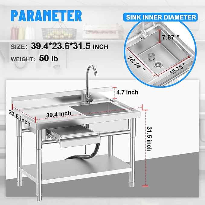 Utility Sink, Commercial Kitchen Stainless Steel Sink, 39.5'' Free Standing Single Bowl Sink with Drawer & Cold and Hot Water Pipe for Kitchen Laundry Room Farmhouse Indoor and Outdoor