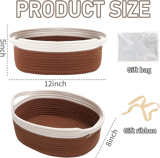 Woven Basket,Small Rope Storage Bin with Handles & Ribbon Bag, Organizer for Shelves Closets,Gift Basket Empty for Birthday,Books,Dog Toys, White&Brown/2 Pack