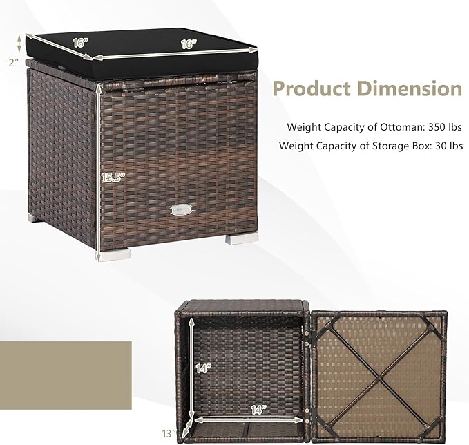 Tangkula 2 Pieces Patio Ottomans, Patiojoy Hand-Woven PE Rattan Side Table with Removable Cushion & Hidden Storage Space, Multifunctional Storage Box, Seat for Patio, Backyard, Poolside (Black)