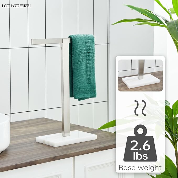 KOKOSIRI Hand Towel Bar Stand Towel Rack with Marble Base for Bathroom Kitchen Vanity Countertop, Brushed Stainless Steel 15.7'' Height THS0002-SM-BR