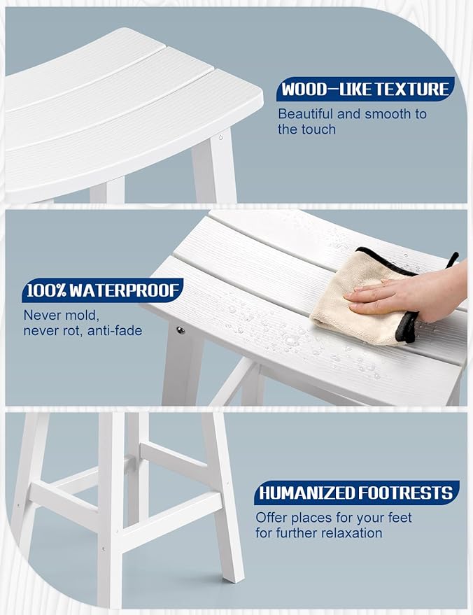 Weatherproof Bar Stools Set of 2, 28" Height Outdoor Bar Stools Holds up to 400 lbs, Saddle Seat, Bar Height Stools for Patio, Garden, and Kitchen Island, White