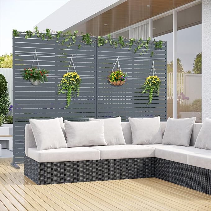 Casaphoria Metal Privacy Screen Outdoor, 72" H x 47" W Freestanding Decorative Privacy Screen for Patio Deck Balcony Garden with Stable Base, Grey-Louvered