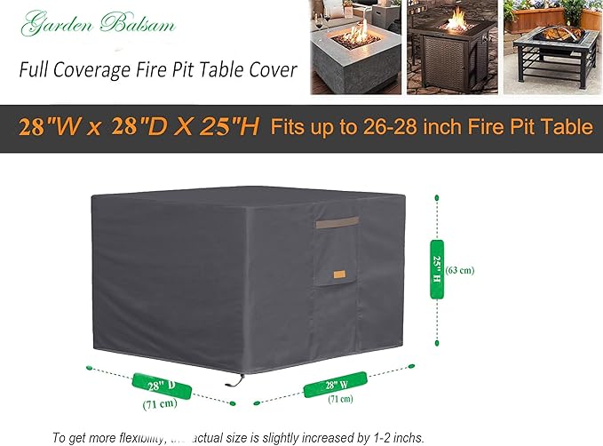 Fire Pit Cover 600D Heavy Duty Waterproof Fabric With PVC Coating Square 28" Wx 28" D x 25" H Dark Grey Fits for 26-28 Inch Fire Pit Table Fade Resistant Outdoor Firepit Cover