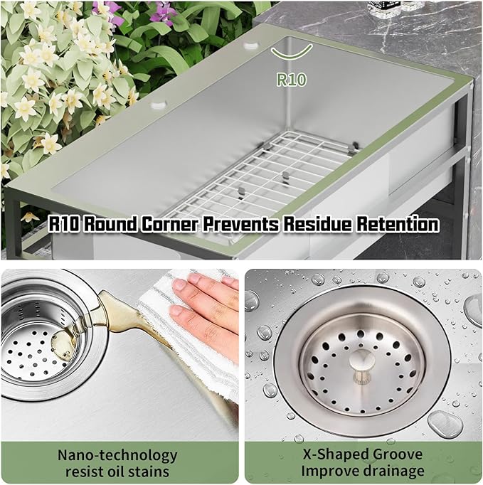 33x19 Inch Stainless Steel Utility Sink-Freestanding Laundry Sink Practicality With Accessories Stainless Functional Faucet,Soap Dispenser, SS Sink Grid For Laundry,Garage,Outdoor Kitchen,Garden...