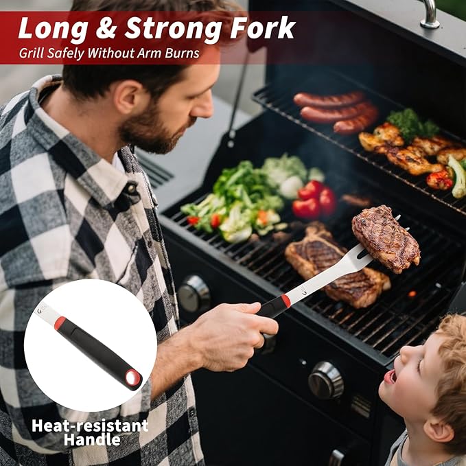 BBQ Tools Set, 4 PCS Heavy Duty Stainless Steel Spatula, Fork, Tongs with Portable Bag, Essential Accessories for Barbecue Outdoor Grill, Grilling Gifts for Men Dad Camp Chef