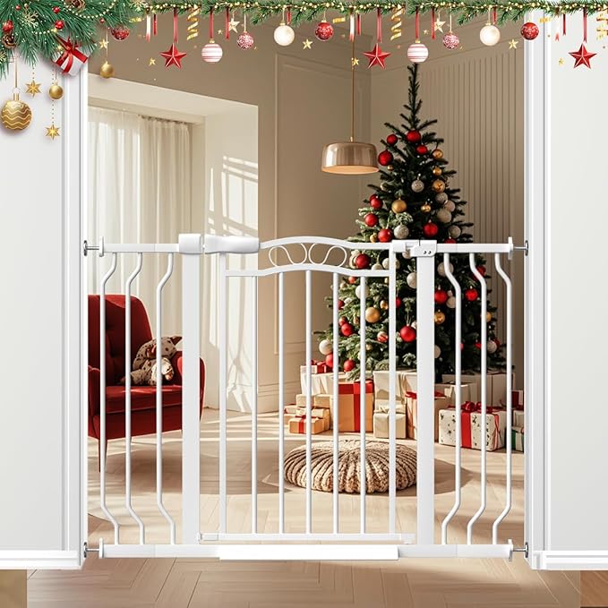 29.5-43.7" Wide Baby Gate for Stairs No Drilling, 30" Tall Metal Pet Baby Safety Gates with Expansion Kit, Press Mounted Dog Gate Indoor for Kids, Walk Through Dog Gates for Doorways, White