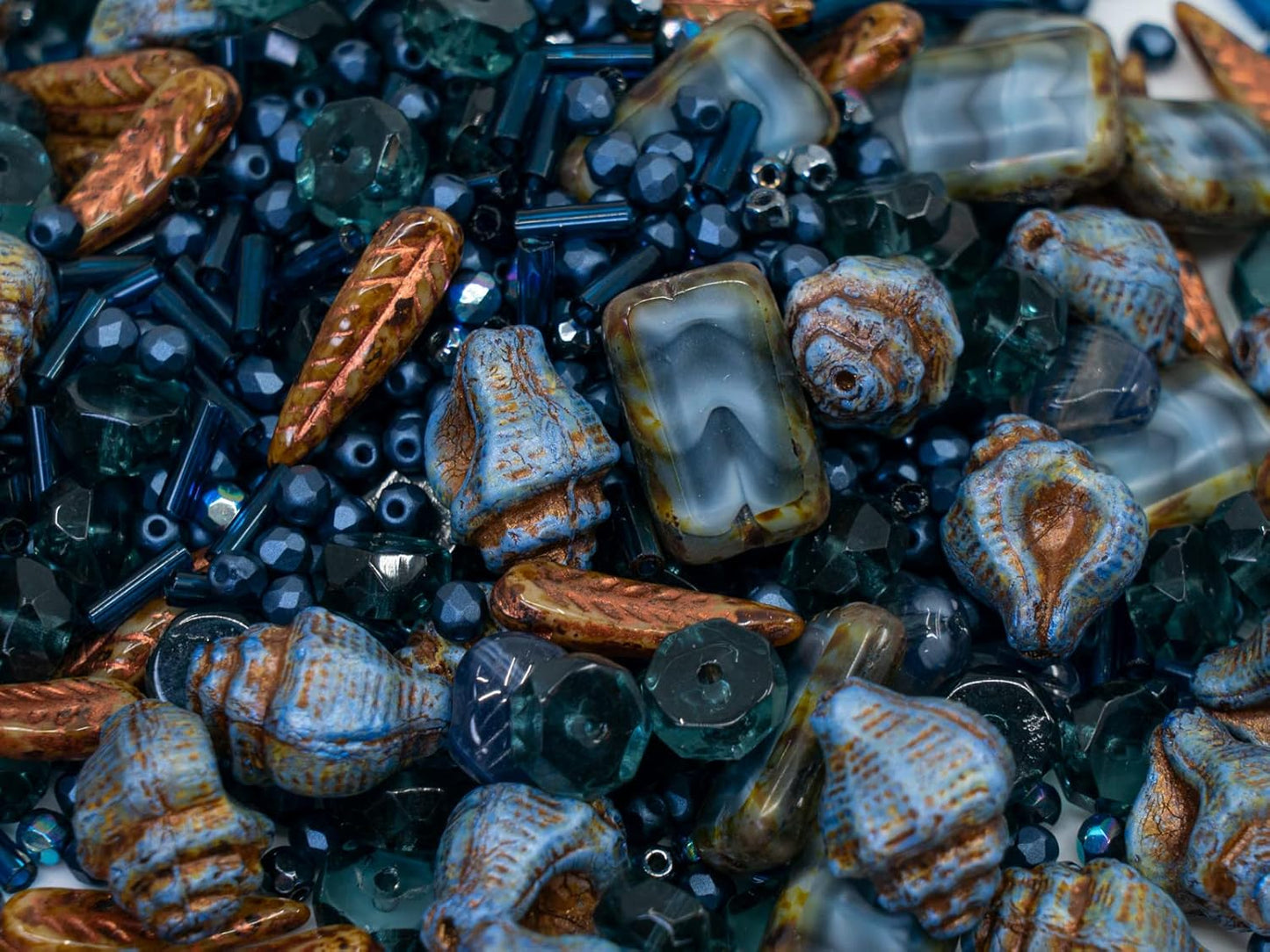 2.1oz (60 g) Mix of Unique Czech Bohemia Glass Pressed Beads, Dark Blue, Table Cut, Matte and Glossy, Faceted Fire Polish, Hand Made Set Kit BCV