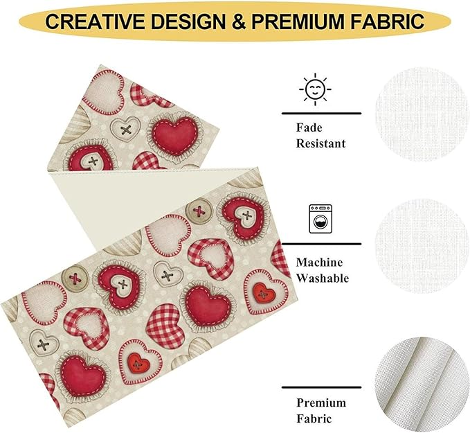 Red Heart Table Runner,Retro Rustic Beige Heart Buttons Polka Dot Valentines Decorations Decor for Family Kitchen and Living Room Outdoor Farmhouse Party Table Decorations, 13"x72"