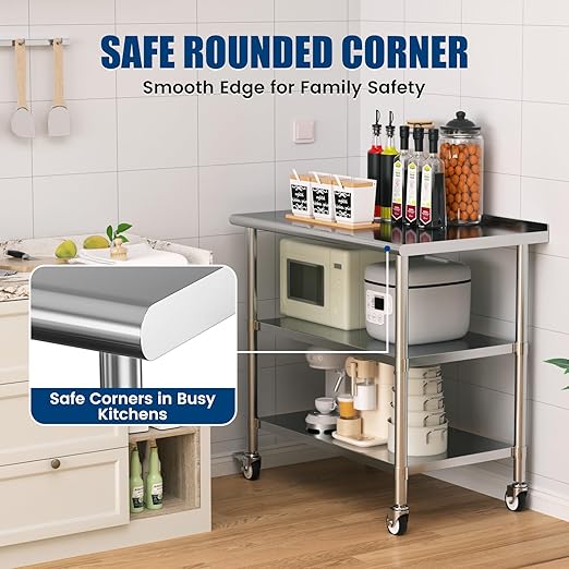 Stainless Steel Work Table with Wheels, 24x48 Inch NSF Food Prep Table with Backsplash & 2 Adjustable Undershelves for Commercial Kitchen, Restaurant, Garage