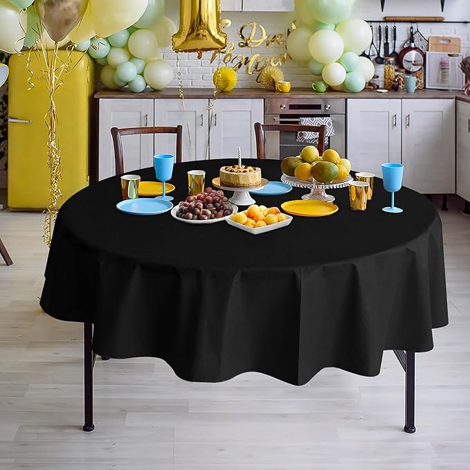 Nasitos 2 Pack Round Black Tablecloth 60 Inch-Vinyl Tablecloths Spill-Proof Table Cloth for Circular Table Cover, Plastic Table Cloth for Dining, Banquet Parties, Holiday Dinner, Anniversary