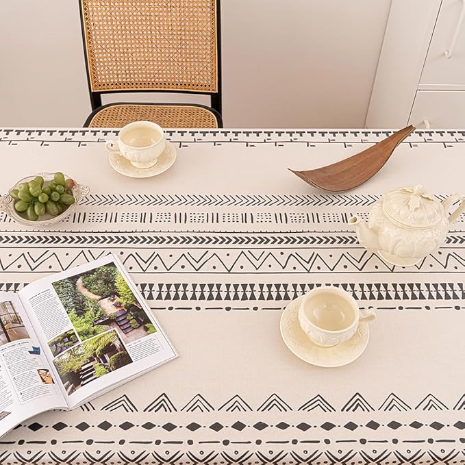 Waterproof Tassels Tablecloth, Bohemian Orange Colorful Table Cloth,White Black,Rectangle for 8 Foot,Fall Summer Dining Table Cover,Mexican,Indoor Outdoor,Farmhouse,Cute Vintage,Cotton
