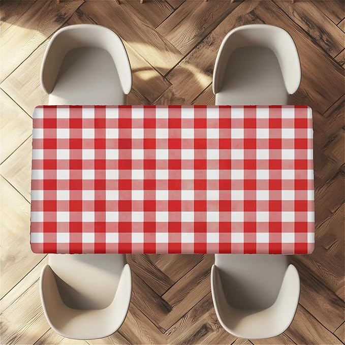 Rectangle Table Cloth Cover Waterproof Elastic Fitted Polyester Fitted Tablecloths for 6 Foot Tables for Indoor,Picnic, Camping, Outdoor （72" x 30"，Red Grid）