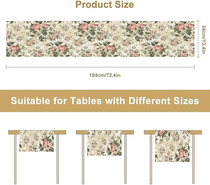 Rose Floral Table Runner,Vintage Watercolor Spring Summer Seasons Flowers Table Decoration for Wedding Holiday Indoor Outdoor Home Party 13x70in