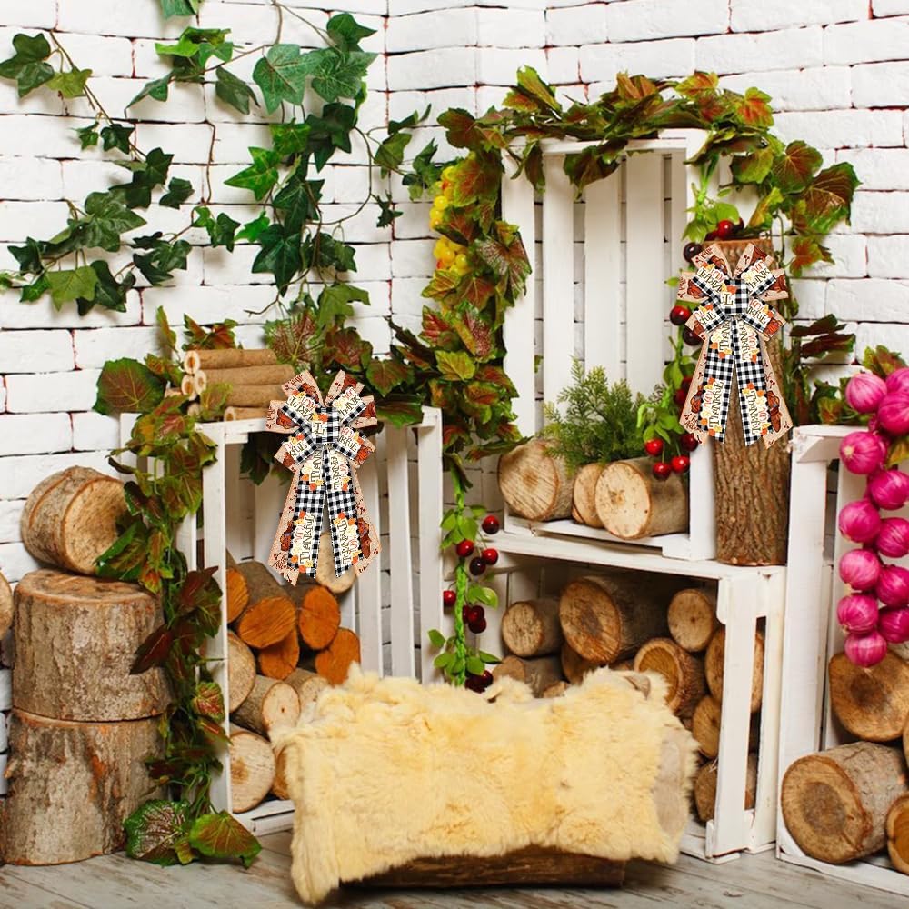 Threetols 2 Rolls 10 Yards Fall Wired Edge Ribbons, 2.5inch Black White Plaid Burlap Ribbon, Autumn Leaves Gnomes Pumpkin Ribbon for Thanksgiving Party DIY Craft Fall Wreath Bow Decor