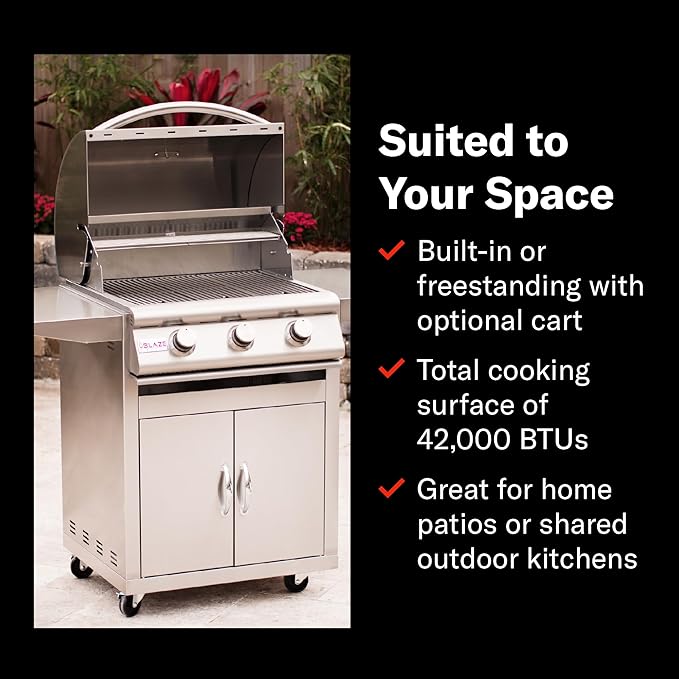 Blaze Outdoor Kitchen Grill | 25- inch Built-in Propane Gas Grill | 3 Burner Barbecue | Premium BBQ | Commercial Grade Grilling Experience | Best in Class Warranty | Prelude LBM BLZ-3LBM-LP