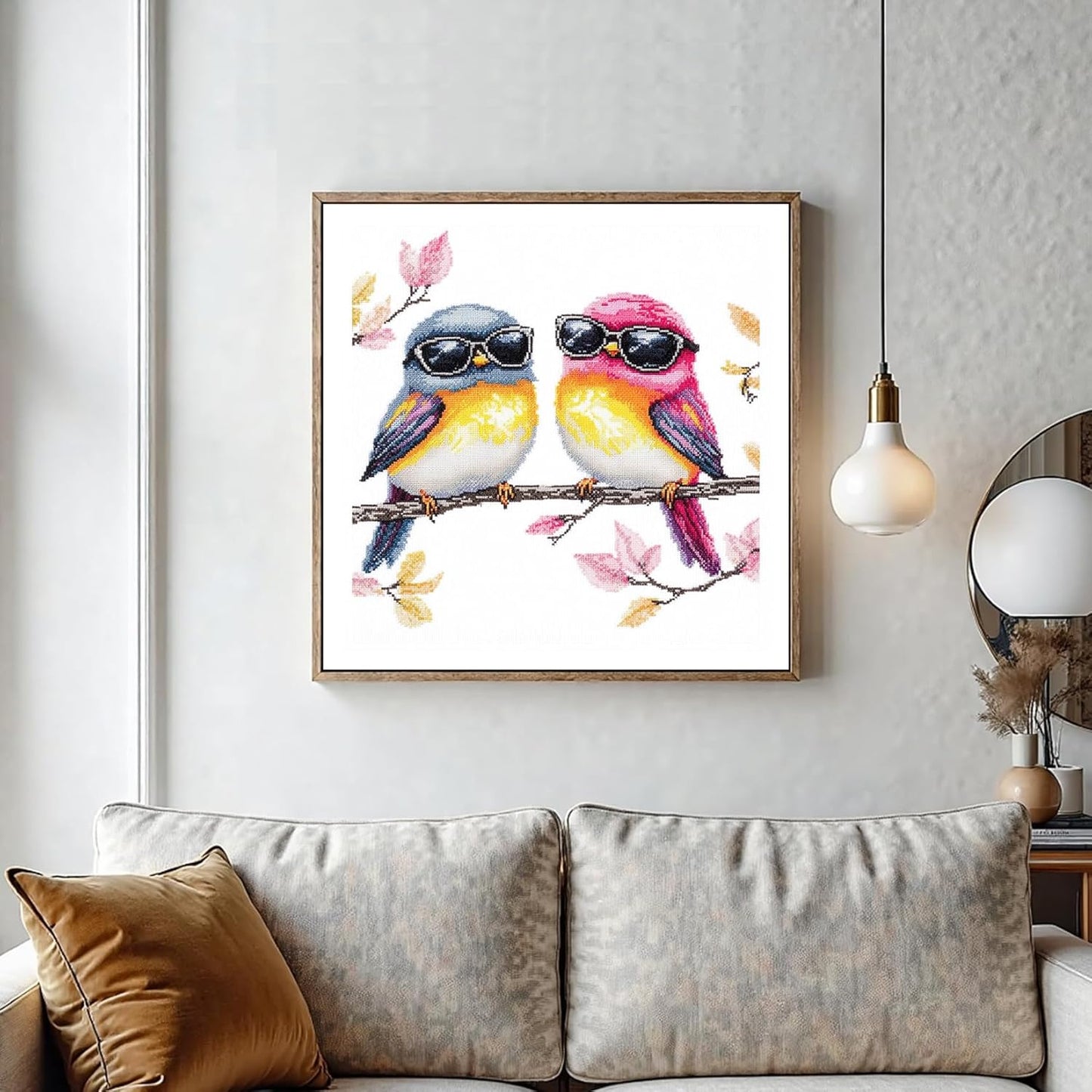 51buyoutgo 11CT Stamped Cross Stitch Kits for Adults - 12x12 in Embroidery Kit with Funny Easy Washable Colorful Birds Pattern, Pre Printed Fabric, Fit for DIY Home Decor, Mom Gifts & Stress Relief