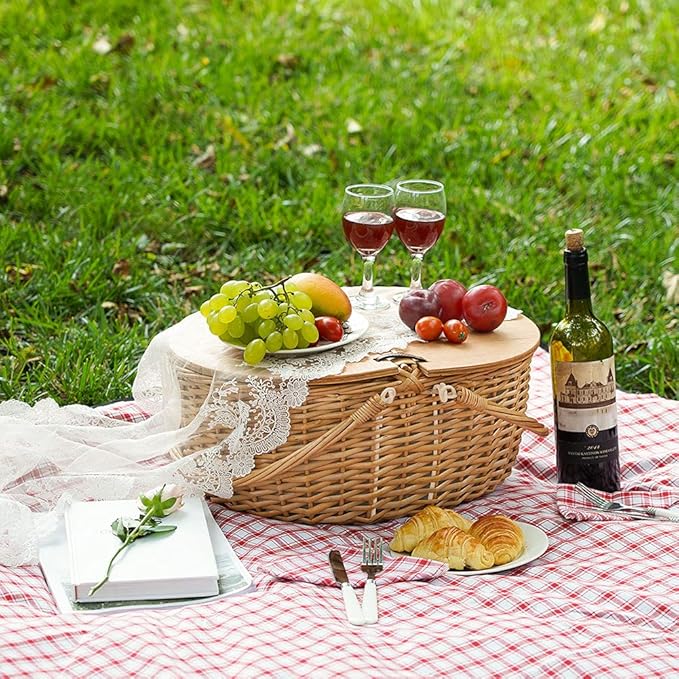 Wicker Picnic Basket with Cooler, Wooden Split Lid Picnic Basket, Vintage-Style Wicker Picnic Hamper with Folding Woven Handle for Picnic, Camping, Outdoor, Valentine Day, Thanks Giving, Birthday