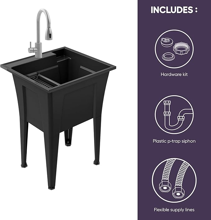 Freestanding Utility Sink with Stainless Steel Gooseneck Faucet - 24" Plastic Utility Sink for Garage, Laundry, Indoor and Oudoor Use - Laundry Tub Kit by Noah William Home - Black (19.5 gal)