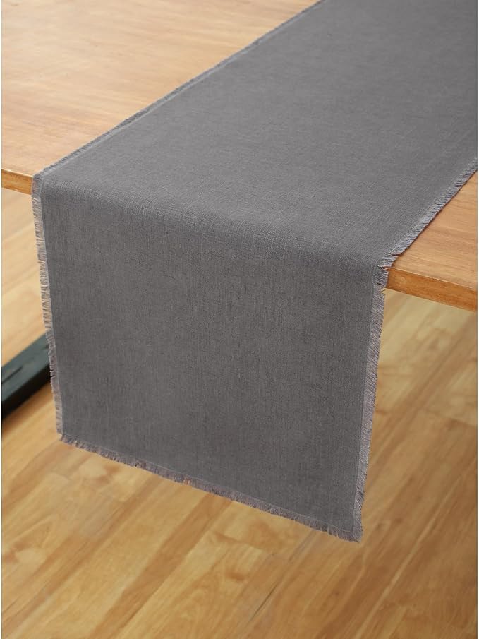 Solino Home Linen Charcoal Table Runner 108 Inches Long - Fringe, 100% Pure Linen Dining Table Runner 14 x 108 Inch for Winter, Spring - Handcrafted and Machine Washable
