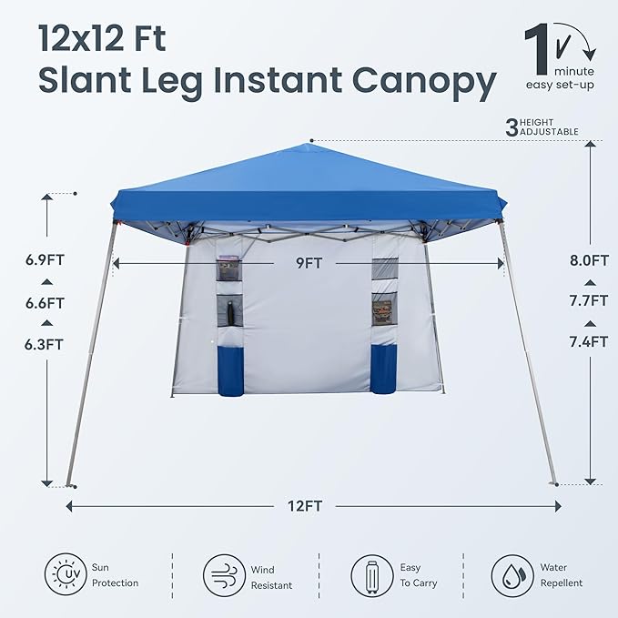 PHI VILLA Canopy with One Sidewalls,Angled Leg 12 x 12 UV Block Sun Shade Canopy Tent Gazebo for Patio Outdoor, Lightweight, Blue