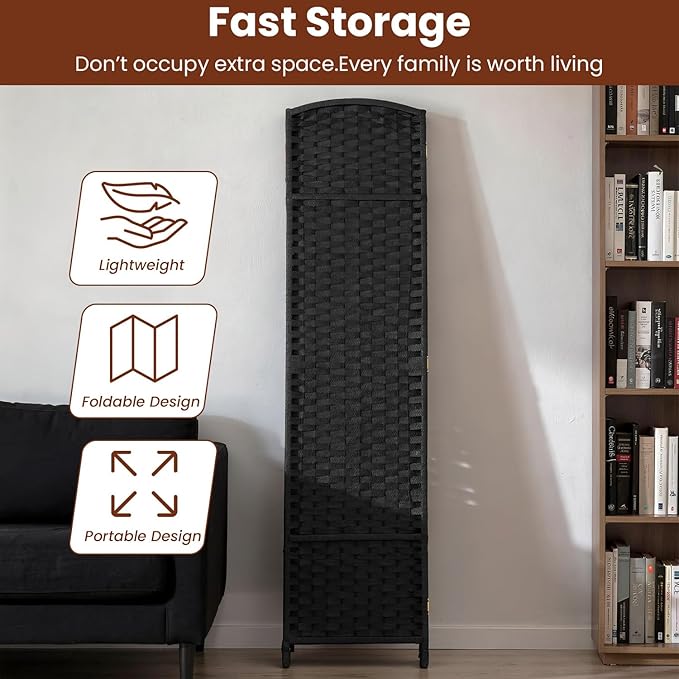 FDW Room Divider 4 Panel Screen 5.6 Ft Tall Partition Privacy Screens Folding Room Separation Free Standing Waterproof Wood Frame Wall Divider, Dark Black