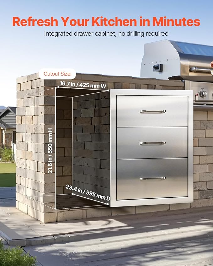 VEVOR Outdoor Kitchen Drawers 18.11" W x 23.23" D x 23.23" H, Triple-Access Stainless Steel BBQ Drawers with Handles, BBQ Island Drawer for Outdoor Kitchens or Barbeque Island Patio Grill Station